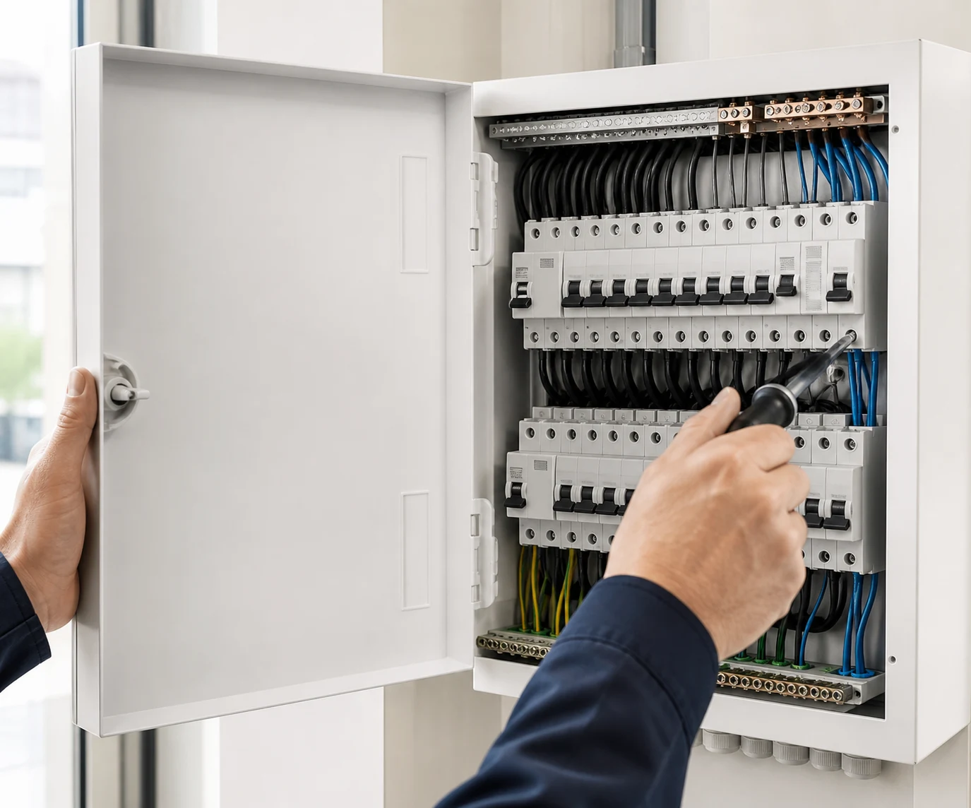 A newly installed consumer unit with dressed cabling and labelled circuits