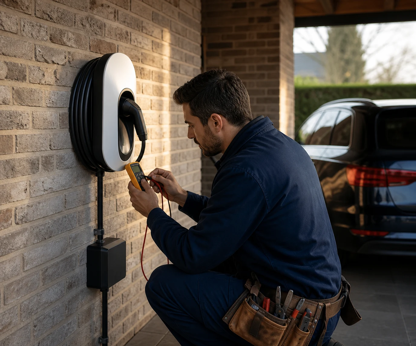 Lumen Current electrician commissioning a home EV charger in an Antwerp carport