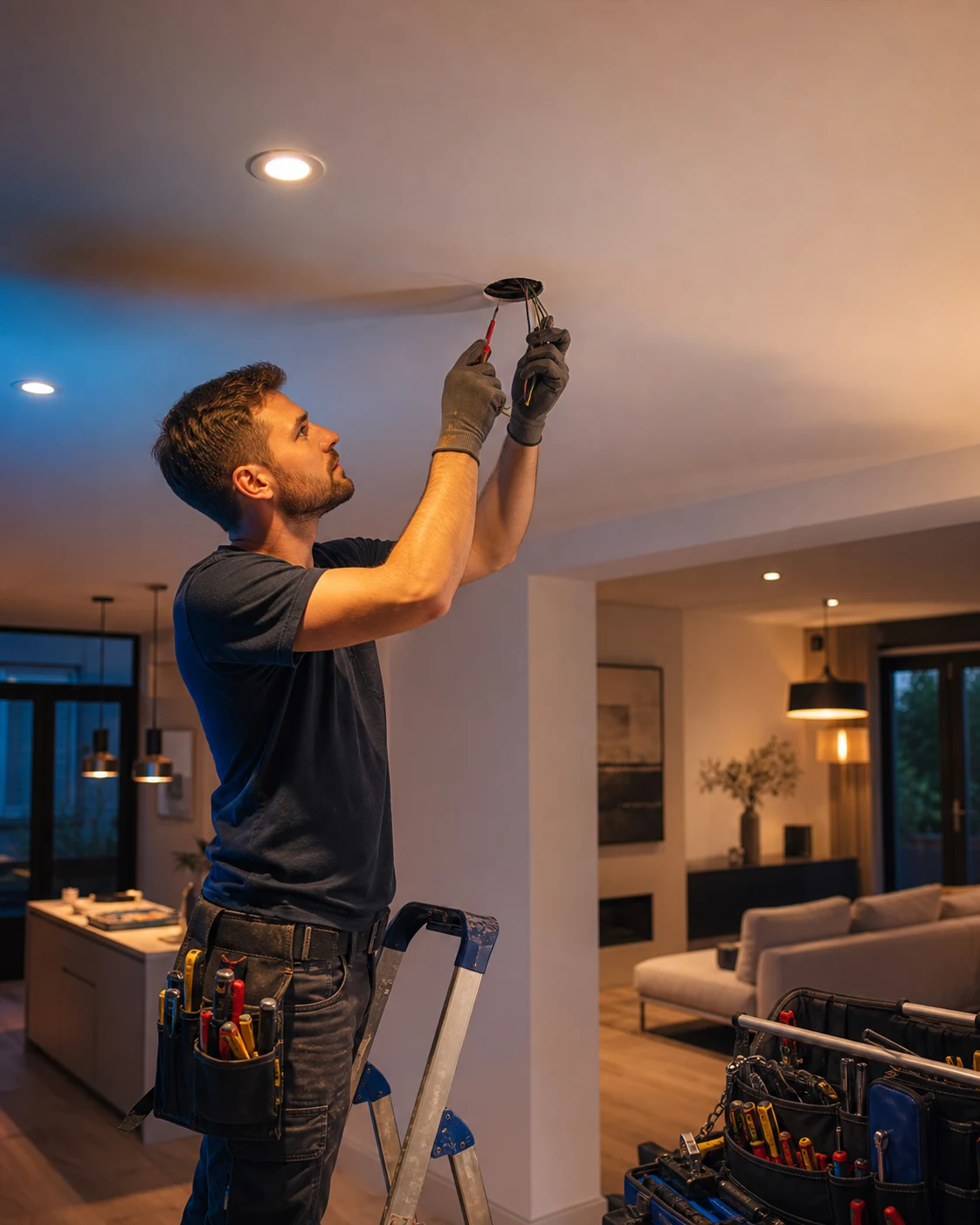 Electrician installing home lighting